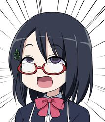  ahe_gao black_hair commentary_request emphasis_lines female glasses hair_ornament iinchou_no_nozomi leaf_hair_ornament neck_ribbon open_mouth portrait ribbon rolling_eyes school_uniform semi-rimless_eyewear solo super_masara super_masara_ahegao tatsumi_nozomi under-rim_eyewear 