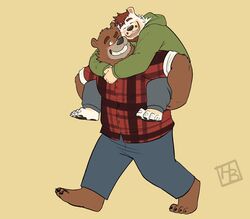  2021 anthro bear blush bottomwear brown_bear brown_body brown_fur carrying_another closed_eyes clothing dean_(password) duo fur hashburrowns hi_res hoodie hug hugging_another hugging_from_behind male male/male mammal overweight overweight_male pants password_(visual_novel) piggyback shirt simple_background topwear ursine 