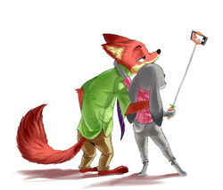  2016 anthro arm_around_shoulders barefoot bottomwear canid canine cellphone clothed clothing disney duo ears_down electronics feet female fox fully_clothed fur grey_body grey_fur hi_res holding_object judy_hopps lagomorph landypommel leporid male mammal necktie nick_wilde pants phone pivoted_ears pose rabbit red_fox selfie selfie_stick shirt simple_background smile standing topwear true_fox white_background zootopia 