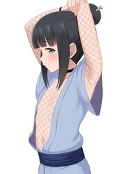  armpits arms_up atg_(wttoo0202) bangs black_hair blue_eyes blue_kimono blush commentary_request eyebrows_visible_through_hair female fishnet_shirt flat_chest hair_bun hair_ornament hair_stick highres japanese_clothes kimono kunoichi_tsubaki_no_mune_no_uchi looking_at_viewer mokuren_(kunoichi_tsubaki_no_mune_no_uchi) navel open_clothes short_sleeves sidelocks sideways_glance smile solo stomach upper_body 