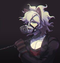  1boy animal_ears black_background black_jacket blue_eyes cat_ears chains collar collarbone crossed_arms danganronpa_(series) danganronpa_another_episode:_ultra_despair_girls fake_animal_ears gloves gradient_background grey_hair gwanlamcha holding holding_chain jacket komaeda_nagito long_sleeves looking_at_viewer male_focus metal_collar muzzle oerba_yun_fang official_alternate_costume open_clothes open_jacket open_mouth pale_skin restrained servant_(danganronpa) shirt short_hair solo striped_clothes striped_gloves striped_shirt upper_body 