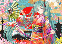  akasaka_asa aqua_eyes aqua_hair autumn_leaves bird cherry_blossoms closed_mouth colored_eyelashes colorful commentary cowboy_shot egasumi female fingernails floating_hair floral_print folding_fan ginkgo_leaf hair_between_eyes hand_fan hatsune_miku hexagon highres holding holding_fan japanese_clothes kimono kyoto_tower leaf long_hair long_sleeves looking_at_viewer maple_leaf obi obiage outstretched_arm pagoda print_kimono red_sun ribbon sash sayagata silhouette smile solo standing torii twintails very_long_hair vocaloid wide_sleeves yasaka_pagoda 