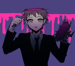  1boy :o ahoge black_jacket black_necktie blood brown_eyes brown_hair collared_shirt commentary danganronpa_(series) danganronpa_3_(anime) fork formal gloves gwanlamcha highres hinata_hajime holding holding_fork holding_head jacket long_sleeves looking_up male_focus necktie official_alternate_costume open_mouth pink_blood purple_background self-cannibalism shirt short_hair simple_background solo suit symbol-only_commentary upper_body white_shirt 