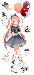  animal bad_id bad_pixiv_id balloon bird black_capelet black_dress black_hat boots bow brooch brown_bow brown_hat capelet closed_mouth cloud dress female full_body hat holding holding_balloon jewelry long_hair looking_at_viewer one_side_up original pink_hair pleated_dress pocket_watch red_eyes rero_(bigdoorbig2) roman_numeral shoe_soles short_dress simple_background smile solo standing standing_on_one_leg striped striped_bow teeth very_long_hair watch white_background white_footwear 