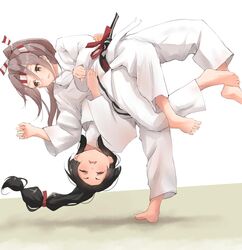  2girls alternate_costume barefoot belt black_hair brown_eyes brown_hair commentary_request dougi hachimaki hair_tie headband high_ponytail highres judo judo_throw k_jie kantai_collection light_brown_hair long_hair martial_arts_belt multi-tied_hair multiple_girls nisshin_(kancolle) ponytail very_long_hair zuihou_(kancolle) 