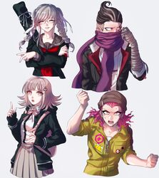  2boys 2girls arm_up bandaged_arm bandaged_hand bandages black_headwear black_jacket black_shirt blush braid clenched_hand collared_shirt commentary_request crossed_arms danganronpa_(series) danganronpa_2:_goodbye_despair derivative_work dress_shirt flipped_hair galaga glasses grey_hair gwanlamcha hair_ornament hair_ribbon hairclip hand_up hat heterochromia highres hood index_finger_raised jacket jumpsuit korean_commentary light_brown_hair long_hair long_scarf long_sleeves looking_at_viewer looking_away medium_hair multicolored_hair multiple_boys multiple_girls nanami_chiaki neck_ribbon neckerchief open_clothes open_jacket open_mouth pale_skin pekoyama_peko pink_eyes pink_ribbon print_shirt purple_scarf ribbon rimless_eyewear sailor_collar scarf school_uniform shirt shirt_tucked_in short_hair side_braid simple_background skirt sleeves_past_wrists sleeves_pushed_up smile soda_kazuichi spaceship_hair_ornament tanaka_gundham tears teeth twin_braids two-tone_hair two-tone_shirt undercut upper_teeth_only white_background white_ribbon white_shirt yellow_jumpsuit 