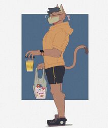  2021 among_us anthro apple_inc. apple_watch bag beverage black_hair bottomwear brown_body brown_fur clothed clothing coffee_cup container countershade_face countershading cup domestic_cat eyewear falling felid feline felis footwear fully_clothed fur glasses hair hi_res holding_bag innersloth male mammal mcdonald&#039;s shoes shorts side_view solo sweater tan_body tan_fur topwear wrigley_(artist) wrigley_(character) 