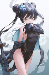  absurdres assault_rifle black_dress black_hair blue_archive braid braided_bun breasts butterfly_hair_ornament china_dress chinese_clothes coat commentary_request covered_navel cs/ls06 double_bun dragon_print dress female gloves gun h2o_(dfo) hair_bun hair_ornament halo highres holding holding_weapon jacket kisaki_(blue_archive) long_hair medium_breasts pelvic_curtain pinstripe_jacket pinstripe_pattern print_dress rifle sleeveless sleeveless_dress striped_clothes striped_coat striped_jacket twintails vertical-striped_clothes vertical-striped_coat vertical-striped_jacket weapon 