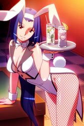  animal_ears asahina_natsuki blue_hair breasts checkered_floor cleavage coattails cowboy_shot cup drink drinking_glass fake_animal_ears fake_tail female fishnet_pantyhose fishnets holding holding_drink holding_tray ice ice_cube indoors leaning_forward leotard long_hair looking_at_viewer non-web_source official_art pantyhose photoshop_(medium) playboy_bunny rabbit_ears rabbit_tail red_eyes smile solo super_real_mahjong tail tanaka_ryou tray very_long_hair wrist_cuffs 