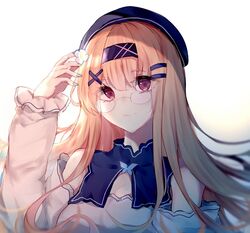  3874384829 beret bespectacled blonde_hair blue_hairband blue_headwear constellation_(warship_girls_r) female glasses hair_ornament hairband hairclip hat long_hair portrait red_eyes solo warship_girls_r x_hair_ornament 