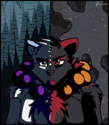  anthro bear black_body black_fur contrast duality duo front_view fur hi_res ice looking_at_viewer male mammal masterzoroark666 orbs red_body red_fur smoke solo stitch_(sewing) stylized voodoo_(character) white_body white_fur 