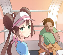  1boy annoyed back_bow blue_sleeves blush bow brown_hair closed_eyes closed_mouth clothes_around_waist cloud commentary_request dancer_(pokemon) dark-skinned_male dark_skin day double_bun dreadlocks female ferris_wheel green_eyes green_shirt hair_bun hand_up hyakuen_raitaa long_hair looking_at_viewer looking_back orange_sky orange_sweater pants photoshop_(medium) pink_bow pink_headwear pokemon pokemon_bw2 raglan_sleeves rosa_(pokemon) shirt short_sleeves sitting sky sweat sweatdrop sweater sweater_around_waist twintails upper_body visor_cap white_pants white_shirt 