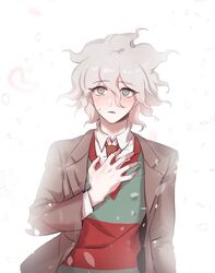  1boy alternate_costume blush brown_jacket cherry_blossoms collared_shirt commentary_request danganronpa_(series) danganronpa_2:_goodbye_despair green_sweater grey_eyes grey_hair gwanlamcha hair_between_eyes hand_on_own_chest highres jacket komaeda_nagito korean_commentary long_sleeves looking_at_viewer lower_teeth_only male_focus necktie parted_lips petals red_necktie red_sweater school_uniform shirt short_hair simple_background solo striped_clothes striped_sweater sweatdrop sweater teeth upper_body white_background white_shirt 