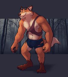  2022 anthro areola biceps biped blue_bottomwear blue_clothing blue_shorts boots_(marking) bottomwear brown_body brown_claws brown_fur brown_nose bulge canid canine cheek_tuft claws clothed clothed_anthro clothed_male clothing cute_fangs dipstick_ears ear_markings eyebrows eyewear eyewear_on_head facial_tuft fox front_view fur hi_res looking_at_viewer male mammal multicolored_body multicolored_ears multicolored_fur muscular muscular_anthro muscular_male navel nipples orange_body orange_fur paintfox pecs photo_background photography_(artwork) pink_areola pink_nipples plantigrade red_clothing red_shirt red_topwear shirt shorts smile solo standing sunglasses sunglasses_on_head topwear torn_bottomwear torn_clothing torn_shirt torn_shorts torn_topwear tuft were werecanid werecanine werefox white_body white_fur 