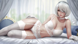  bed blue_eyes bra breasts choker cleavage garter_belt headband nier nier:_automata panties realistic sciamano240 short_hair signed stockings underwear watermark white_hair yorha_unit_no._2_type_b 