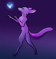  anthro arthropod canid canine cheek_tuft duo facial_tuft fox fur glowing gradient_background gradient_fur inafox insects mammal purple_body purple_fur reaching_up semi-anthro simple_background solo_focus standing tuft 