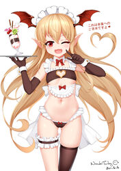  ;d apron ass_visible_through_thighs back_bow bare_shoulders bat_wings bikini black_bikini black_gloves black_thighhighs blonde_hair blush bow breasts chinese_commentary cleavage_cutout clothing_cutout commentary_request cowboy_shot dated detached_collar elbow_gloves female gloves hair_between_eyes hands_up head_wings heart heart_cutout heart_hair holding holding_tray huoji_(wonderturkey) long_hair looking_at_viewer maid maid_apron maid_bikini maid_headdress midriff navel oerba_yun_fang one_eye_closed open_mouth parfait pointy_ears red_eyes shingeki_no_bahamut sidelocks signature simple_background single_thighhigh skindentation small_breasts smile solo standing swimsuit thigh_strap thighhighs translated tray unconventional_maid underboob vampy white_background wings wrist_cuffs 