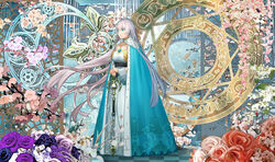  anastasia_(fate) bird blue_eyes breasts cape cherry_blossoms commentary_request dress fate/grand_order fate_(series) female flower grey_hair gudadan highres jewelry large_breasts long_dress long_hair pendant petals rose scepter solo 