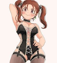  bad_id bad_pixiv_id bare_shoulders blush breasts brown_eyes brown_hair cleavage closed_mouth commentary_request corset dangerous_bustier_(dq) dragon_quest dragon_quest_viii earrings female jessica_albert jewelry large_breasts long_hair looking_at_viewer miyama_(kannsannn) simple_background smile solo thighhighs twintails white_background 