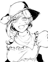  bare_shoulders cowboy_hat female greyscale handkerchief hat hi_you_(flying_bear) highres kurokoma_saki looking_at_viewer monochrome off_shoulder open_mouth short_sleeves simple_background smile solo teeth touhou wily_beast_and_weakest_creature 