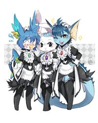  4:5 anthro anthrofied avian beak bird black_eyes blue_body blue_hair clothed clothing cute_fangs dorsal_fin dress eeveelution fangs feathers female fin gem generation_1_pokemon group group_picture hair hi_res lagomorph legwear leporid looking_at_viewer maid_apron maid_headdress maid_uniform mammal nintendo open_mouth perico pokemon pokemon_(species) pokemorph posing_for_picture rabbit red_eyes ruka_vaporeon shy simple_background teeth thigh_highs trio uniform vaporeon white_body yellow_eyes zuekrz 