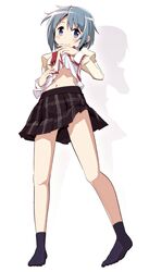  ankle_socks blue_eyes blue_hair blush chauke clothes_lift commentary_request female highres juliet_sleeves legs long_sleeves looking_at_viewer mahou_shoujo_madoka_magica mahou_shoujo_madoka_magica_(anime) miki_sayaka mitakihara_school_uniform navel no_shoes plaid plaid_skirt pleated_skirt puffy_sleeves school_uniform shirt_lift short_hair simple_background skirt smile socks thighs 