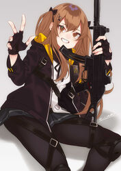  absurdres arm_up armband artist_name black_gloves black_pantyhose bow breasts brown_eyes brown_hair commentary e_draw_paint female fingerless_gloves girls&#039;_frontline gloves grey_background gun h&amp;k_ump hair_between_eyes hair_ornament hairclip highres holding holding_gun holding_weapon jacket knee_pads long_hair long_sleeves looking_at_viewer open_mouth pantyhose ribbon scar scar_across_eye scar_on_face shirt simple_background sitting skirt smile solo strap submachine_gun suppressor teeth twintails ump9_(girls&#039;_frontline) weapon white_shirt yellow_armband 