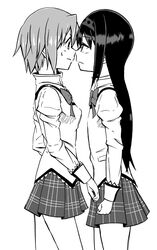  2girls akemi_homura commentary_request eye_contact face-to-face frown greyscale hairband hiroshima_mikan long_hair looking_at_another mahou_shoujo_madoka_magica mahou_shoujo_madoka_magica_(anime) miki_sayaka mitakihara_school_uniform monochrome multiple_girls noses_touching photoshop_(medium) school_uniform short_hair sweatdrop yuri 