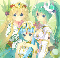  3girls :o armlet armor arrow_(projectile) artemis_(p&amp;d) bare_shoulders berry blonde_hair blue_eyes blue_hair blunt_bangs breasts cleavage commentary_request flower freyja_(p&amp;d) gauntlets green_eyes green_hair hair_flower hair_ornament hair_tubes hat headdress jewelry leaf long_hair looking_up medium_breasts multiple_girls nano00 open_mouth parvati_(p&amp;d) photoshop_(medium) puffy_sleeves puzzle_&amp;_dragons quiver smile very_long_hair 