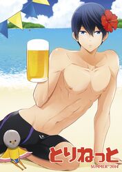  1boy alcohol beach beer black_hair blue_eyes commentary_request day flower free! hair_flower hair_ornament iwatobi-chan jammers male_focus male_swimwear nanase_haruka_(free!) oshidorio outdoors topless_male water 