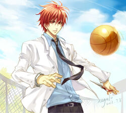  1boy akashi_seijuurou artist_name ball basketball basketball_(object) commentary kagalin kuroko_no_basuke male_focus necktie red_eyes red_hair short_hair signature solo yellow_eyes 