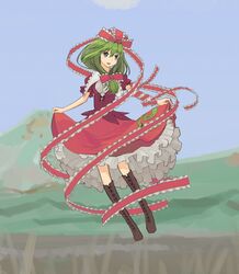  boots bow breasts clothes_lift commentary_request dress female frills front_ponytail green_eyes green_hair hair_ornament hair_ribbon hairbow highres kagiyama_hina long_hair medium_breasts open_mouth pinzu ribbon short_hair skirt skirt_lift smile solo spinning touhou 