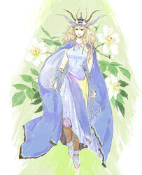  armor bad_id bad_pixiv_id blonde_hair braid bridal_gauntlets cape dress female final_fantasy final_fantasy_ii flower greaves headgear hilda_(ff2) light_smile long_hair matsuri6373 sleeveless solo twin_braids 