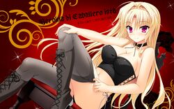  blonde_hair boots braids breasts cleavage dressing heroina_di_gaballero_istaa kin&#039;iro_loveriche long_hair panties purple_eyes saga_planets thighhighs toranosuke underwear 