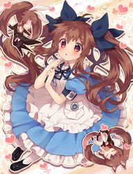  3girls :o alice_in_wonderland aloe_(quiz_magic_academy) apron bell blush bow brown_hair commentary_request dress frilled_dress frills hairbow heart highres jingle_bell long_hair multiple_girls neck_ribbon pendant_watch puffy_short_sleeves puffy_sleeves quiz_magic_academy red_eyes ribbon shoes short_sleeves thighhighs twintails usamata watch white_legwear 