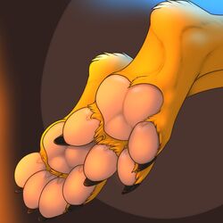  1:1 2017 3dinoz 4_toes ambiguous_gender anthro brown_background digitigrade domestic_cat faceless_ambiguous faceless_character feet felid feline felis foot_shot fur hi_res mammal pawpads paws simple_background solo toes yellow_body yellow_fur 