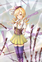  antique_firearm arm_behind_back bad_id bad_pixiv_id beret blonde_hair boots breast_suppress breasts detached_sleeves drill_hair female fingerless_gloves firelock flintlock gloves gun hair_ornament hairpin hat highres impossible_clothes impossible_shirt large_breasts magical_girl magical_musket mahou_shoujo_madoka_magica mahou_shoujo_madoka_magica_(anime) matsukaze881 pleated_skirt puffy_sleeves purple_thighhighs ribbon rifle shirt skirt solo striped_clothes striped_thighhighs taut_clothes taut_shirt thighhighs tomoe_mami tomoe_mami_(magical_girl) twin_drills twintails vertical-striped_clothes vertical-striped_thighhighs weapon zettai_ryouiki 