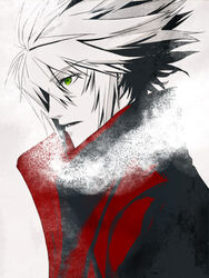  1boy blazblue collair_(cono) green_eyes male_focus ragna_the_bloodedge solo white_background white_hair 