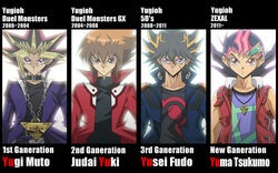  4boys atem engrish fudou_yuusei male male_focus multiple_boys mutou_yuugi ranguage slifer_red_uniform tsukumo_yuma tsukumo_yuuma yami_yuugi yu-gi-oh! yugioh_5d&#039;s yugioh_gx yugioh_zexal yuki_judai yuu-gi-ou_5d&#039;s yuu-gi-ou_duel_monsters yuu-gi-ou_gx yuu-gi-ou_zexal yuuki_juudai 