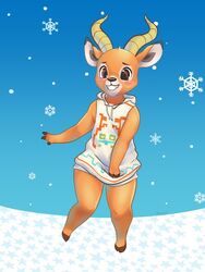  2017 ambiguous_gender animal_crossing antelope anthro avoid_posting beau_(animal_crossing) big_ears black_nose blue_background blush bottomless bovid brown_eyes clothed clothing covering covering_crotch design_(disambiguation) femboy front_view fur grin hi_res hoodie hooves horn looking_down lumi_(artist) mammal nintendo partially_clothed simple_background smile snow snowflake solo standing thick_thighs topwear wide_hips 