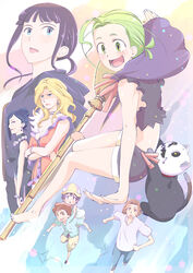  2boys 5girls ahoge bare_shoulders black_hair blonde_hair blue_eyes broom broom_surfing brown_eyes brown_hair cape character_request commentary_request crossed_arms dress earrings feline glasses hat jewelry long_hair majocco_shimai_no_yoyo_to_nene midriff multiple_boys multiple_girls necklace open_mouth outstretched_arms photoshop_(medium) purple_hair running short_hair shorts skull smile spread_arms touge_hiro yellow_eyes yoyo_(majocco_shimai_no_yoyo_to_nene) 