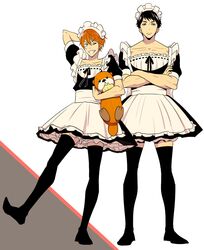  2boys alternate_costume black_legwear bloomers blue_eyes commentary_request crossdressing dress enmaided free! full_body grin maid maid_headdress male_focus mikoshiba_momotarou multiple_boys one_eye_closed orange_hair oshidorio otter smile stuffed_animal stuffed_otter stuffed_toy thighhighs underwear yamazaki_sousuke yellow_eyes zettai_ryouiki 