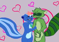  blue_body blue_fur closed_eyes clothing covering duo female flower fur green_body green_fur happy_tree_friends hat headgear headwear male male/female mammal mephitid petunia_(htf) plant procyonid raccoon romantic romantic_ambiance romantic_couple shifty_(htf) skunk smile unknown_artist 