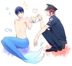  2boys ^^^ black_hair blue_eyes commentary_request cuffs free! full_body future_fish handcuffs heart male_focus matsuoka_rin merman monster_boy multiple_boys nanase_haruka_(free!) nude oshidorio police police_uniform red_eyes red_hair sharp_teeth simple_background teeth uniform white_background 