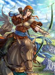  1boy archery arrow_(projectile) bandana bow_(weapon) cloud commentary_request company_name copyright_name day drawing_bow earrings fingerless_gloves fire_emblem fire_emblem:_the_blazing_blade fire_emblem_cipher gloves grass green_hair holding holding_arrow holding_bow_(weapon) holding_weapon horse horseback_archery horseback_riding jewelry male_focus official_art open_mouth quiver rath_(fire_emblem) riding sky solo takaya_tomohide teeth weapon 