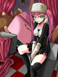  :p bleach boots breasts commentary_request dokugamine_riruka dress eyelashes female hat highres knee_boots long_hair medium_breasts ooike_teru pink_eyes pink_hair sitting solo stuffed_animal stuffed_toy teddy_bear tongue tongue_out twintails 