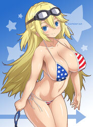  american_flag american_flag_bikini american_flag_print bikini blonde_hair blue_eyes breasts commentary_request female flag_print goggles goggles_on_head large_breasts long_hair onomeshin original photoshop_(medium) print_bikini solo swimsuit two_side_up 