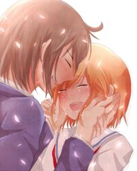  1boy bad_id bad_pixiv_id blonde_hair blush brown_hair closed_eyes crying female grin hands_on_another&#039;s_face kotoura-san kotoura_haruka long_sleeves manabe_yoshihisa petals school_uniform short_hair smile tears waremoko44 