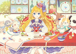  :q banner blonde_hair blue_eyes bottle bow butter_knife cake candy commentary_request crown cup doughnut dress eating female flower food fork fruit fruit_tart gem hairbow half_updo holding holding_fork holding_knife knife long_hair long_sleeves looking_at_viewer mig_(36th_underground) mini_crown original parfait photoshop_(medium) plate ribbon sailor_dress sitting solo stuffed_animal stuffed_deer stuffed_dog stuffed_panda stuffed_penguin stuffed_pig stuffed_rabbit stuffed_toy table tablecloth tart_(food) teacup teapot teddy_bear throne tongue tongue_out toy 