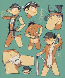  1boy aqua_background ass brown_hair chest_sarashi commentary dressing eyewear_on_head fundoshi hachimaki happi headband heart heart_in_mouth highres how_to japanese_clothes katupuraamen male_focus male_underwear matsuno_ichimatsu matsuno_karamatsu multiple_views nejiri_hachimaki osomatsu-kun osomatsu-san osomatsu_(series) plank rokushaku_fundoshi sarashi simple_background smile sunglasses swept_bangs symbol-only_commentary tying_fundoshi underwear white_male_underwear 